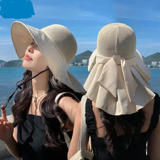 Women Hat Summer Bucket Hat With Shawl Lightweight Breathable Mesh Face Neck Protection Sun Hat Bow Big Brim Travel Beach Hat
