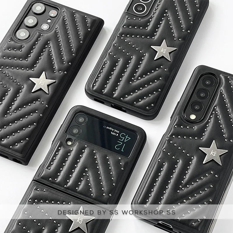 Luxury Rivet Stars Leather Case for iPhone 15 Pro Max Fashion Punk Shockproof Cover for iPhone 11 12 13 14 Pro Max Plus