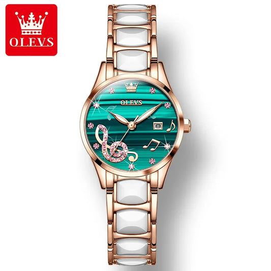 OLEVS 3605 Ceramic Strap Japan Quartz Women Wristwatch, Ceramics Luxury Fashion Waterproof Watch For Women Luminous Calendar