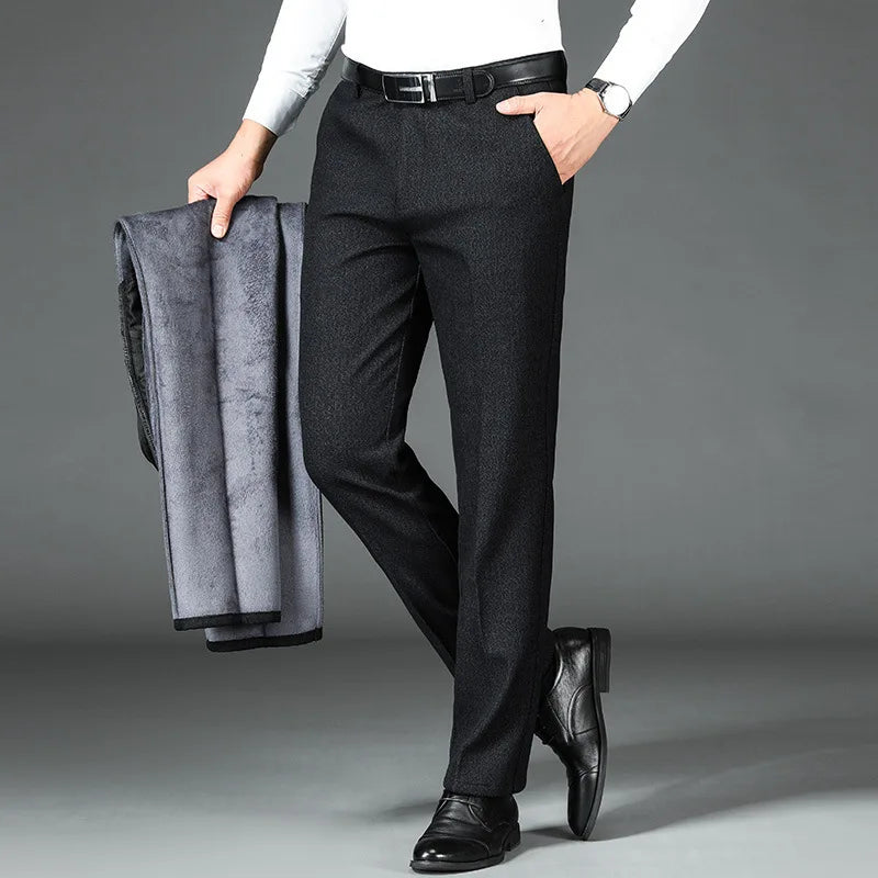 Warm Fleece Black Winter Casual Pants Men Clothing Flat Business Suit Trousers for Men Autumn Straight Formal Dress Pants 2022