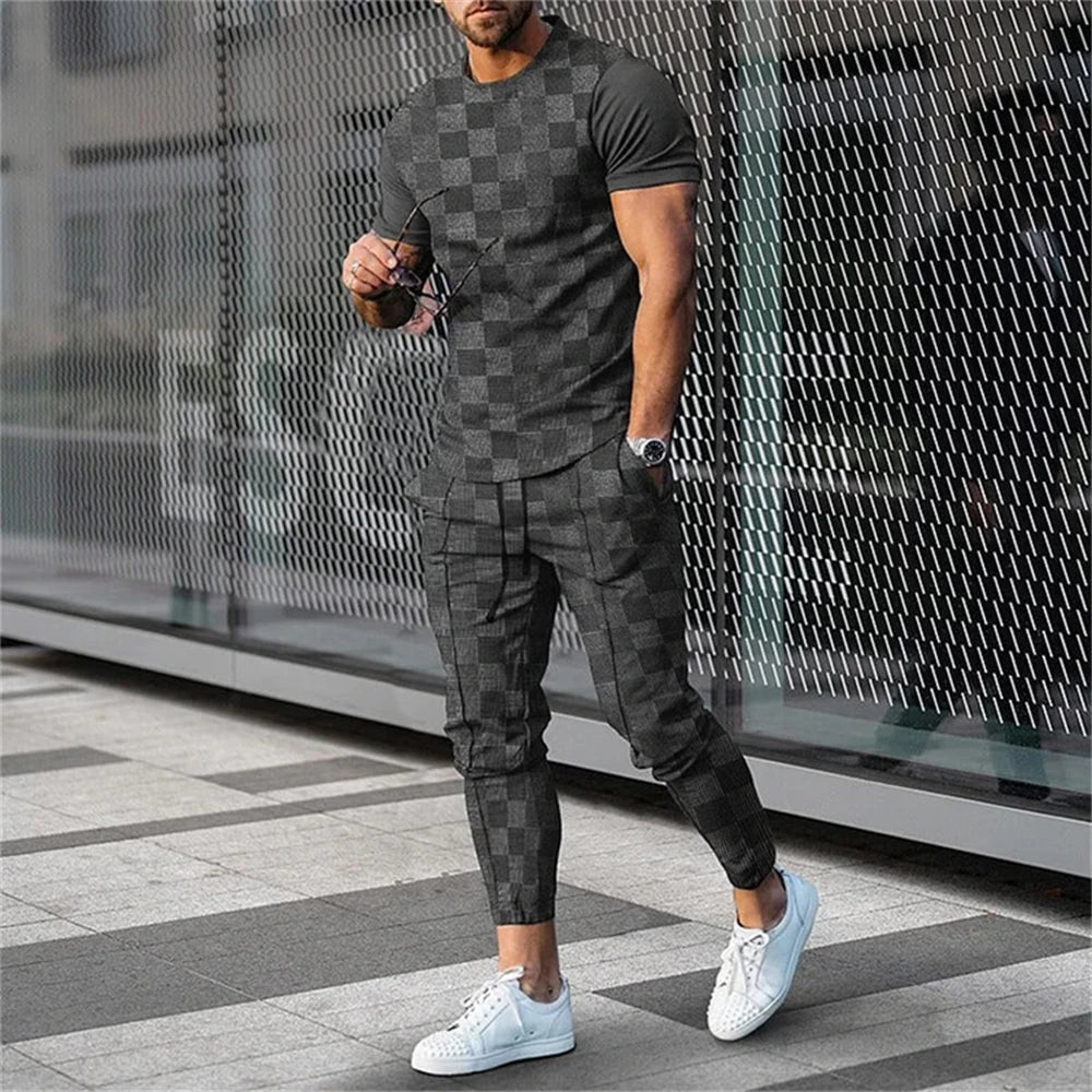 2 Piece Set Outfits Men's Trousers Tracksuit Lattice 3D Printed Jogger Sportswear Short Sleeve T Shirt+Long Pants Street Clothes