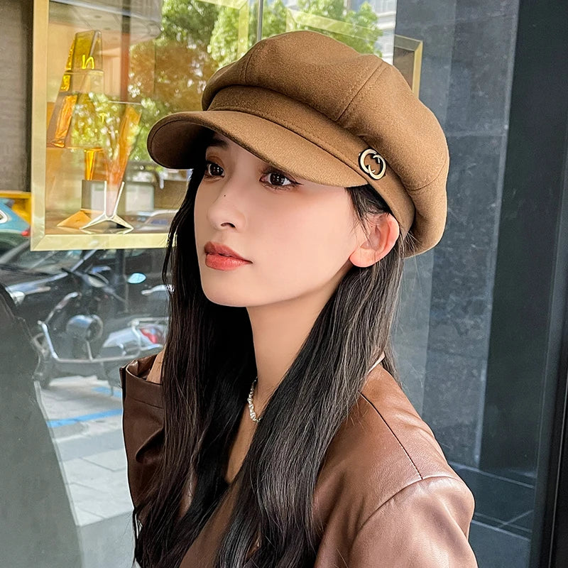 New Fashion Ladies Autumn Winter Warm Octagonal Cap Woolen Beret Hat For Women Vintage Artist Painter Solid Color Newsboy Berets