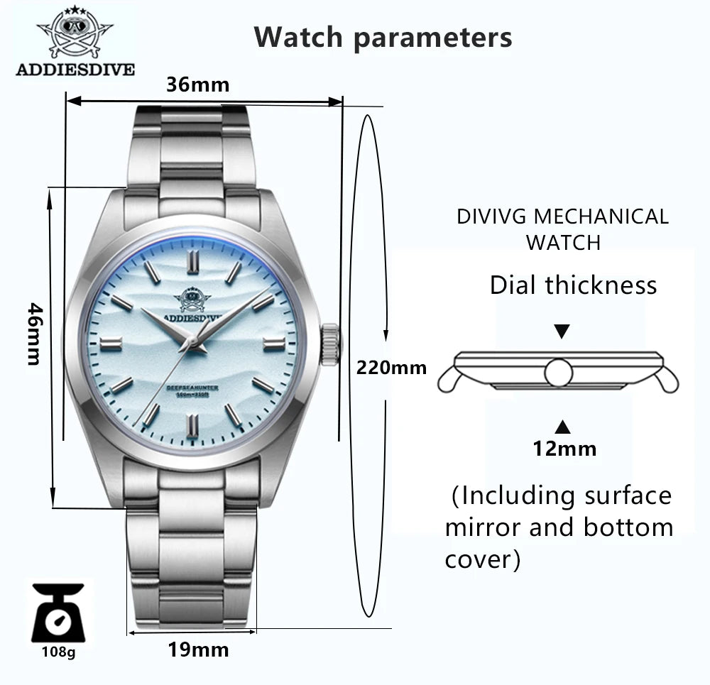 ADDIESDIVE 36mm Watch For Men 316L Stainless Steel Bubble Mirror Pot Cover Glass 100m Waterproof Quartz Wristwatch reloj hombre