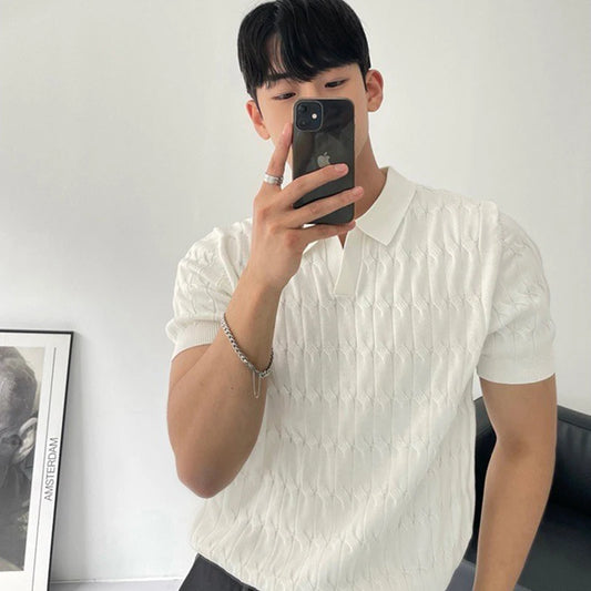 2023 Men's Knitted Jacquard Polo Shirt Casual Stripe V-Neck Solid Color Short Sleeve T-Shirt Breathable Light Luxury Clothing