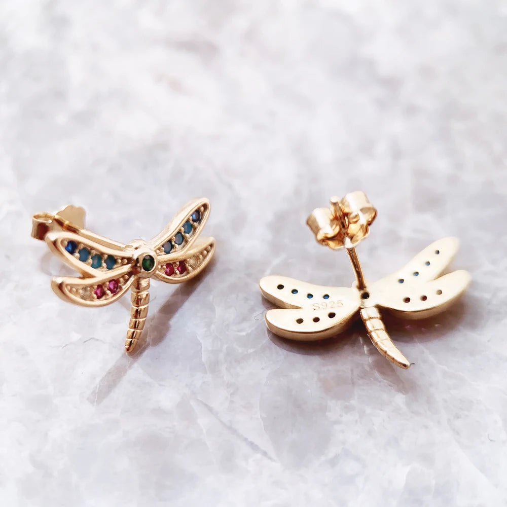 Dragonfly Golden Stud Earrings Europe Bohemia Fine Jewerly For Women Gift In Pure 925 Sterling Silver