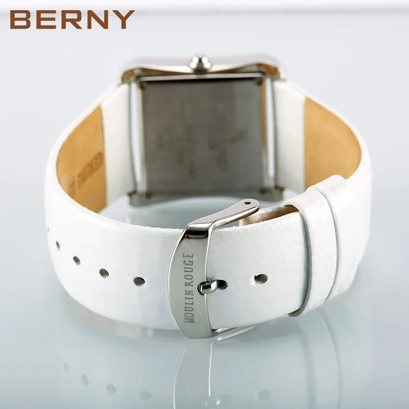 BERNY Women Quartz Watch Genuine Leather Strap Square 3ATM Waterproof Gemstone Dial Shell Pattern Ladies Fashion Wristwatch
