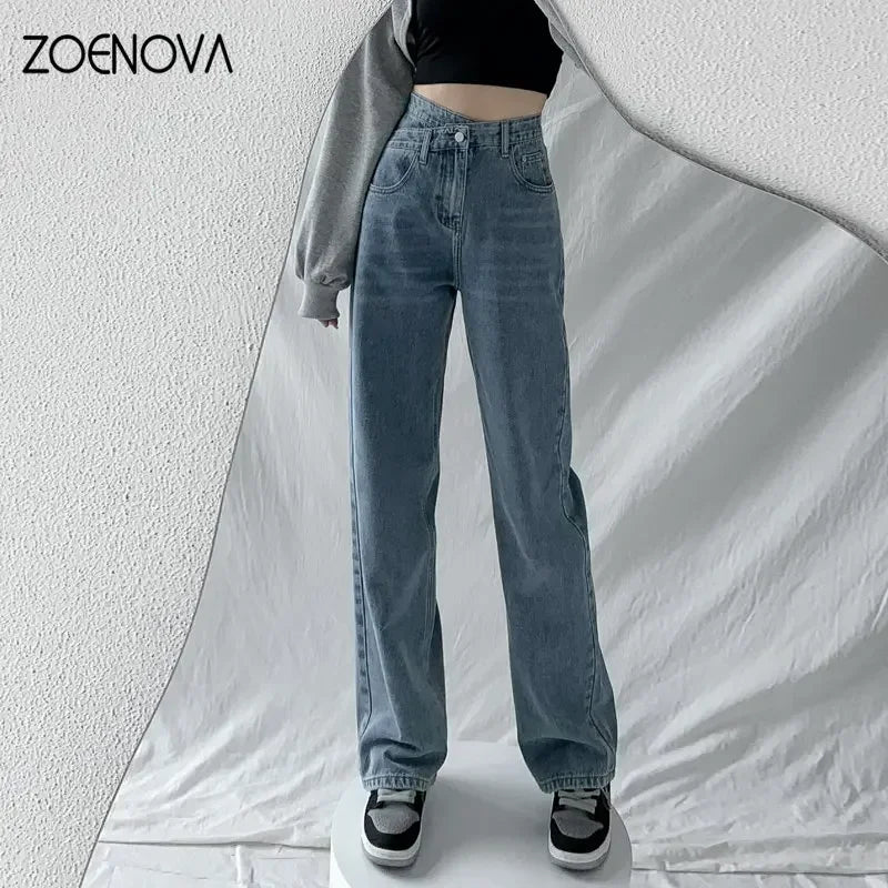 ZOENOVA Baggy Straight Jeans Y2K Office Lady Women's Loose Pants Fashion Light Blue Cross High Waisted New Design Retro Trousers