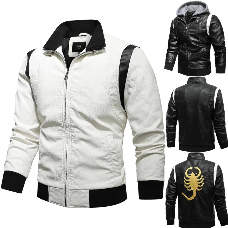 Men's Motorcycle Biker Leather Jackets Scorpion Embroidery PU Coat Spring Autumn Fashion Stand Collar Leather Jacket