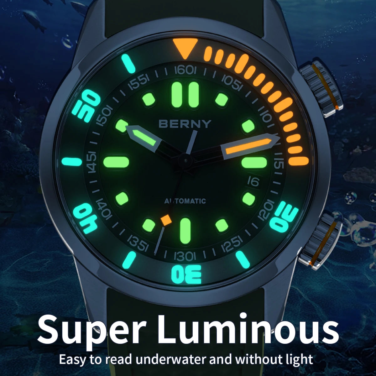 BERNY 20Bar Diver Men Mechanical Watch Miyota 8215 Super Luminous Sapphire Swiming Automatic Self Wind Silicone Men Wristwatch