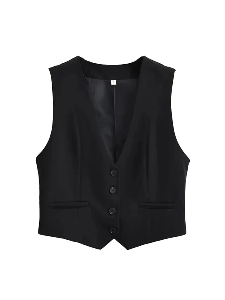 Aoaiiys Vest Women Cropped Waistcoat Fashion Front Buttons Tops Vintage V Neck Sleeveless Female Outerwear White Chic Vests New