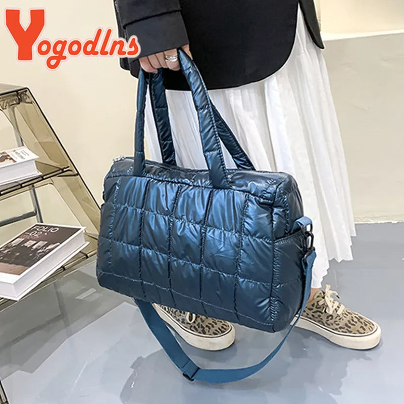 Yogodlns Luxury Space Padded Cotton Handbag Big Capacity Shoulder Bag Waterproof Nylon Bag Travel Down Crossbody Bag Purse Bolsa