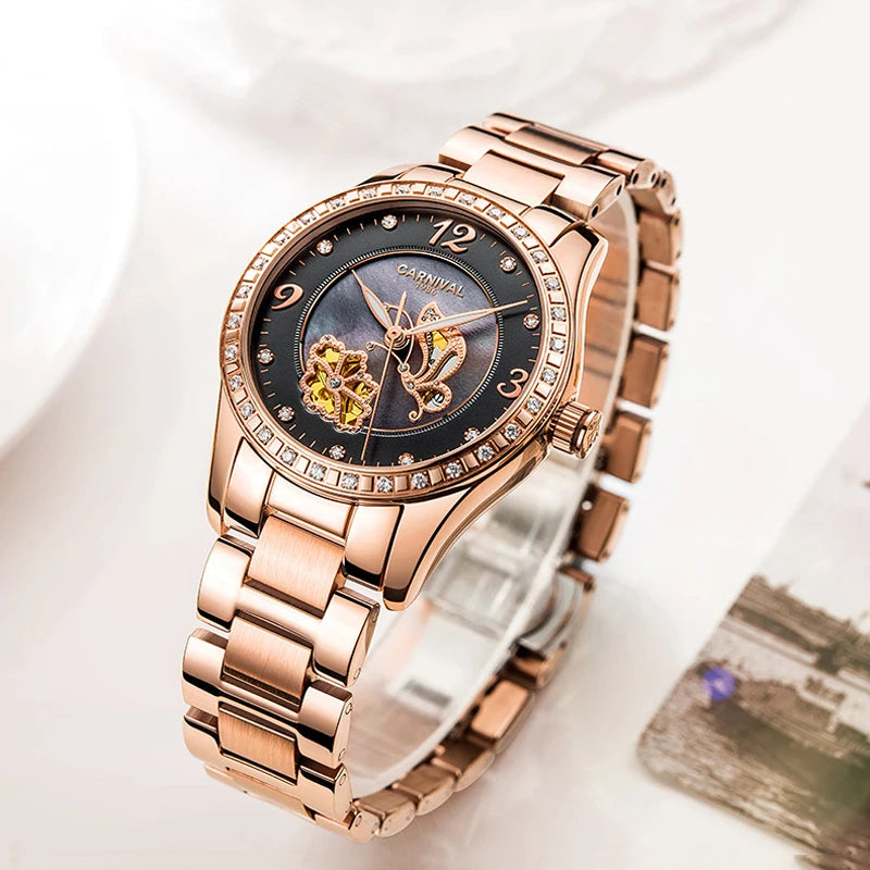 CARNIVAL Butterfly Pattern Automatic Mechanical Women Watch Luxury Waterproof  Diamond Rose Gold Watch Relogio Feminino Ladies