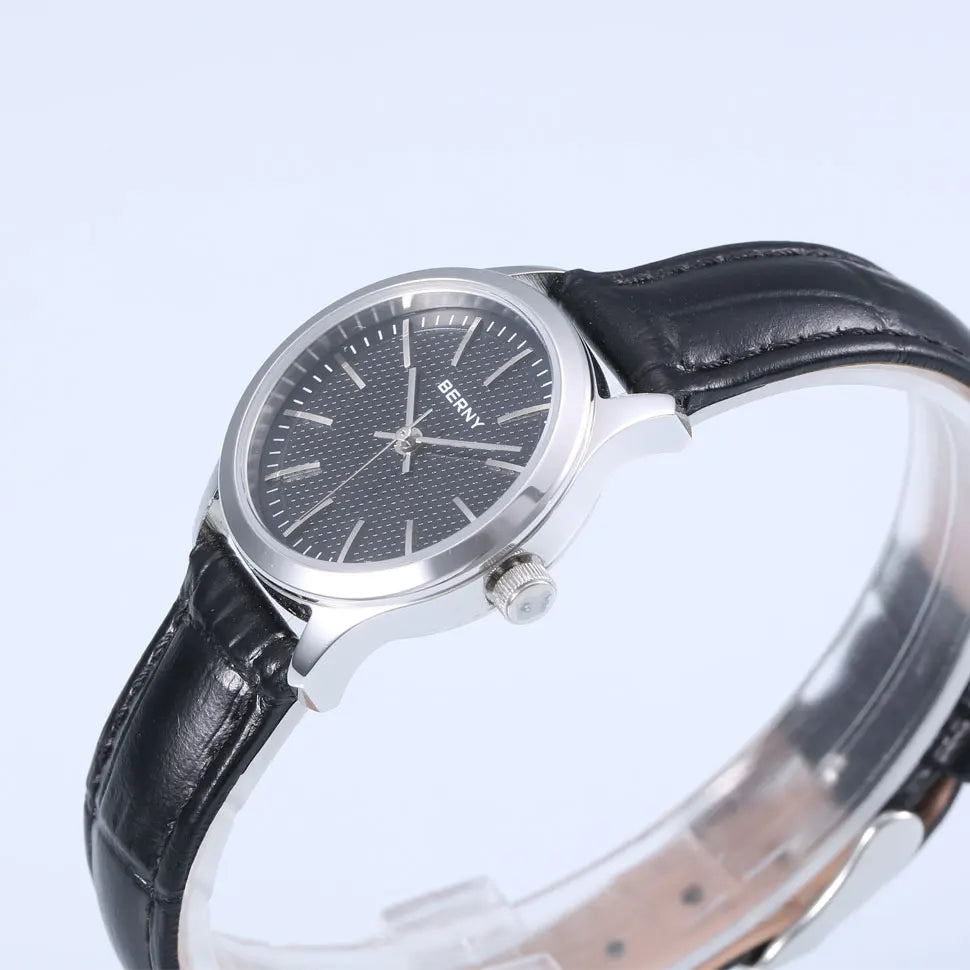 BERNY Quartz Women Watch Classic Retro Minimalist Ladies Wristwatch Simple Dial Leather Bracelet Clock 3ATM Waterproof Watch