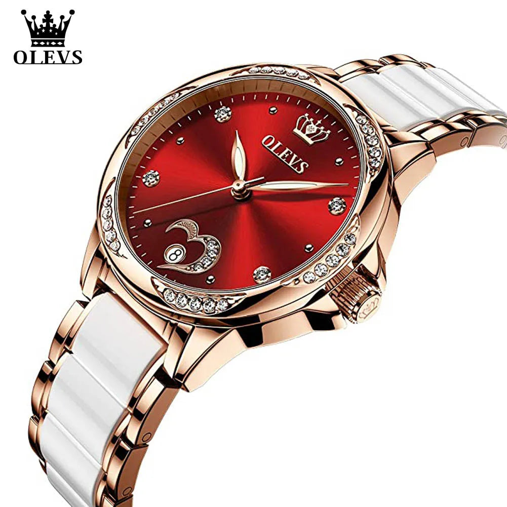 OLEVS Watch for Women Automatic Mechanical Ladies Wrist Watch Stainless Steel Ceramic Watchband Heart Diamond Girls Dress Watch