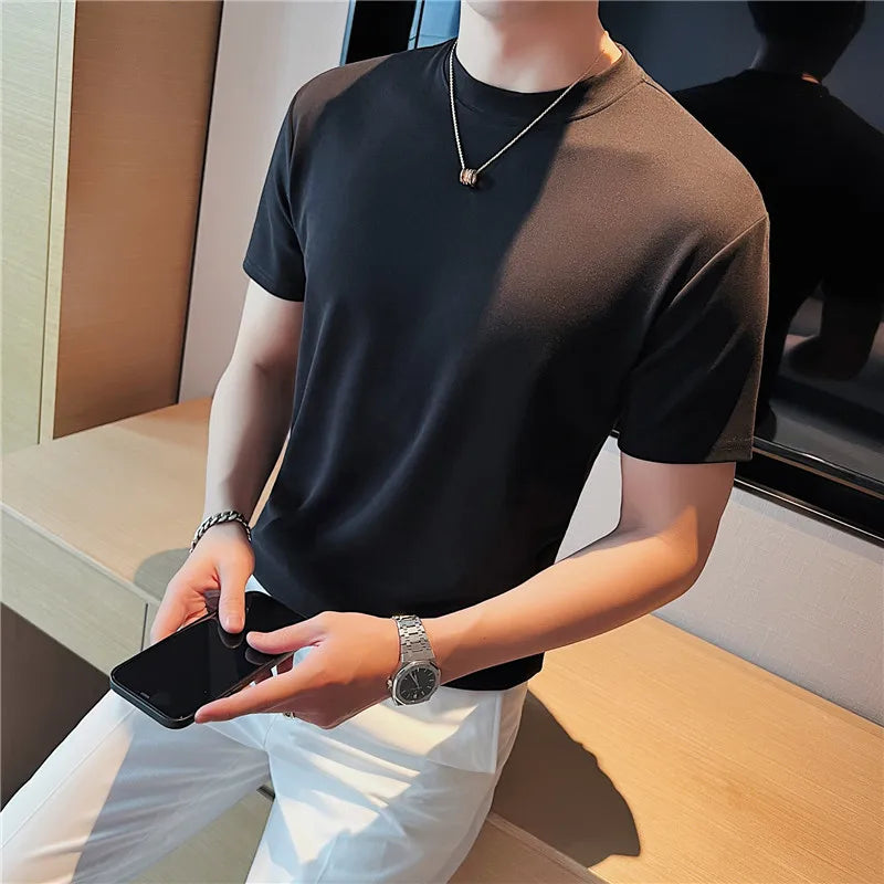 Summer New Round Collar Short Sleeved T-shirt 2023 Men Cotton Loose Casual Solid Color Tee High Quality Mens Tops Streetwear