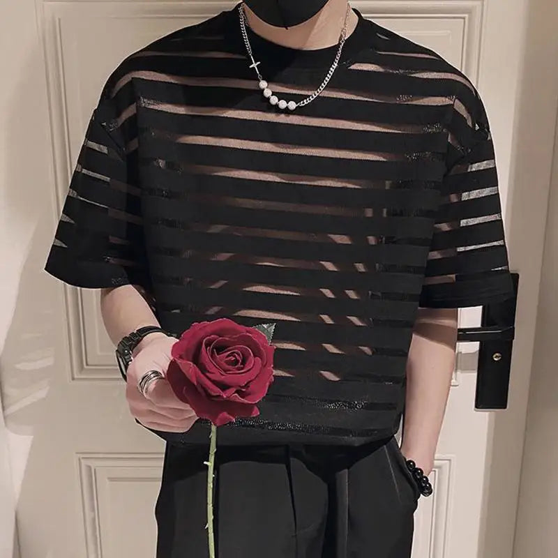 2023 Men T Shirt Mesh Striped O-neck Short Sleeve Transparent Men Clothing Streetwear Sexy Korean Fashion Tee Tops S-5XL INCERUN