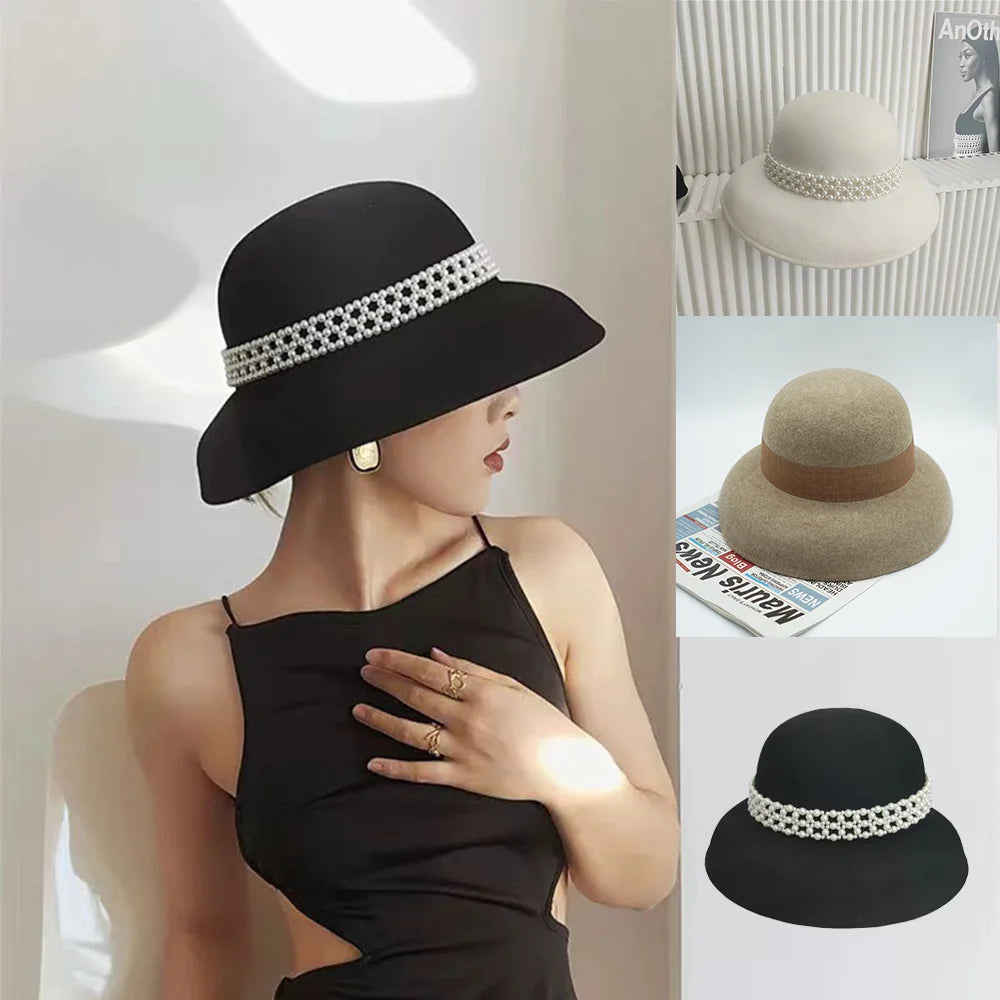 Autumn Winter 100% Wool Hat Bell Hat Women's French Elegant Retro Hepburn Autumn and Winter Celebrity Pearl Wool Felt Bucket Hat