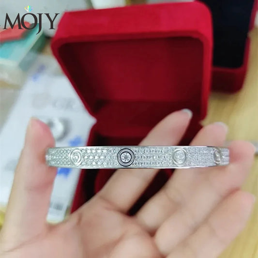 MOJY High Quality 16~21cm PT950 Platinum Bracelet Inlay Moissainte 6mm Wide Three Rows of Full Diamond Couple Jewely for Women