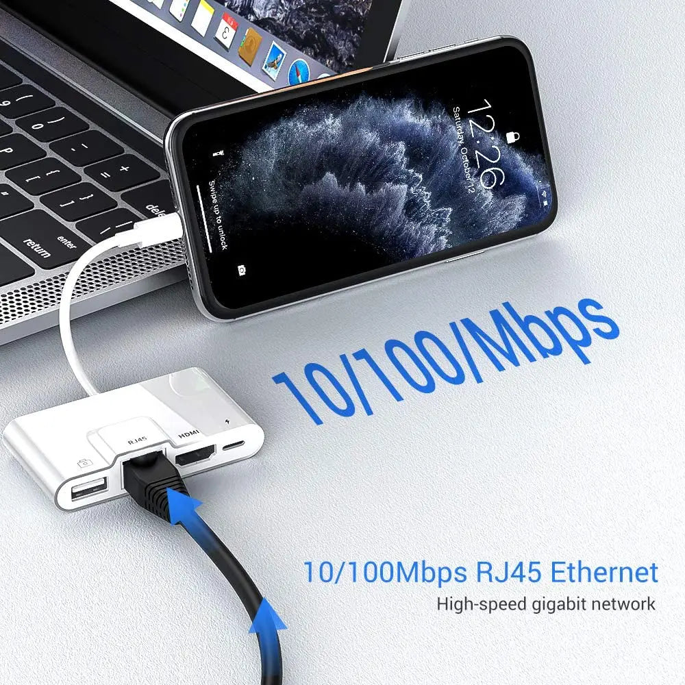Lightning to RJ45 Ethernet OTG Digital AV Adapter HDMI LAN Wired Network USB Hub 1080P Sync Screen Converter for iPad/iPhone 14