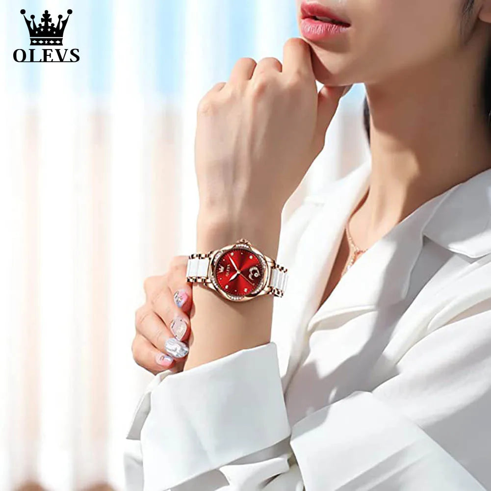 OLEVS Watch for Women Automatic Mechanical Ladies Wrist Watch Stainless Steel Ceramic Watchband Heart Diamond Girls Dress Watch