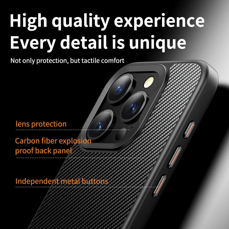 Carbon Fiber Magnetic Explosion-proof Phone Case For iPhone 12 13 14 15 Pro Max Plus Glass Lens Film Magsafe Wireless Charging