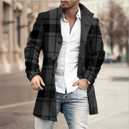 2023 Autumn/Winter New Men's Woolen Stand Neck Mid Length Pocket Casual Coat
