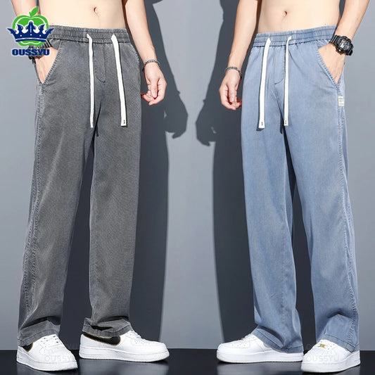 Summer Thin Soft Lyocell Fabric Jeans Men Loose Straight Wide Leg Pants Drawstring Elastic Waist Casual Trousers Plus Size M-5XL