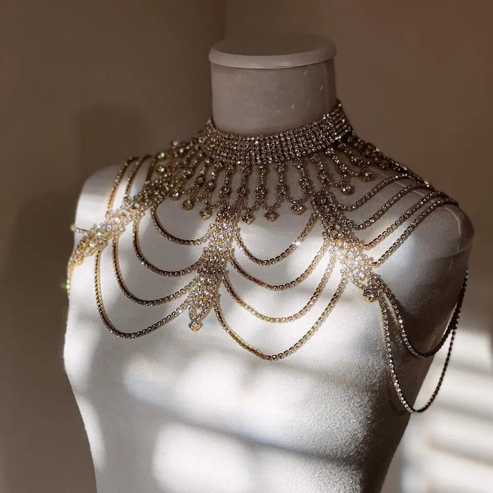 NSY Luxury Rhinestone Crystal Bridal Shoulder Necklace Rhinestones Women Pageant  Wedding Shoulder Jewelry Chain Necklace