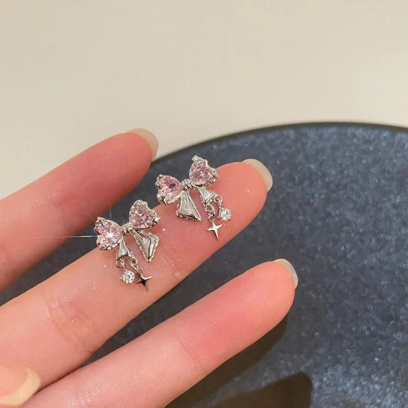 Korean Bowknot Zircon Stud Earrings for Women Trendy Cute Pink Crystal Earrings Personality Y2k Earring Girl Party Jewelry Gifts