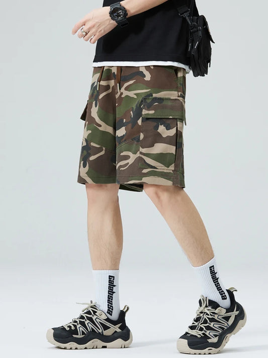 Summer Camouflage Cargo Shorts Men Multi-Pockets Elastic Waist Straight Casual Short Pants Male Loose Polyester Casual Shorts