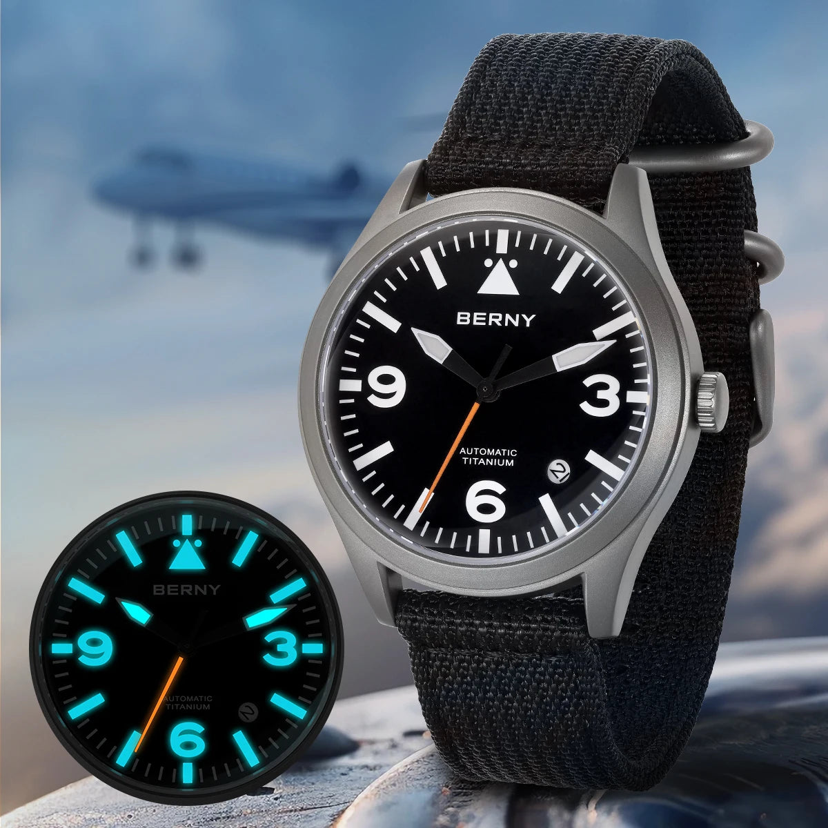 BERNY Pilot Titanium Automatic Watch for Men Sapphire AR Coated 10Bar Supper Luminous Men Wristwatch Sports Aviation Men Watches