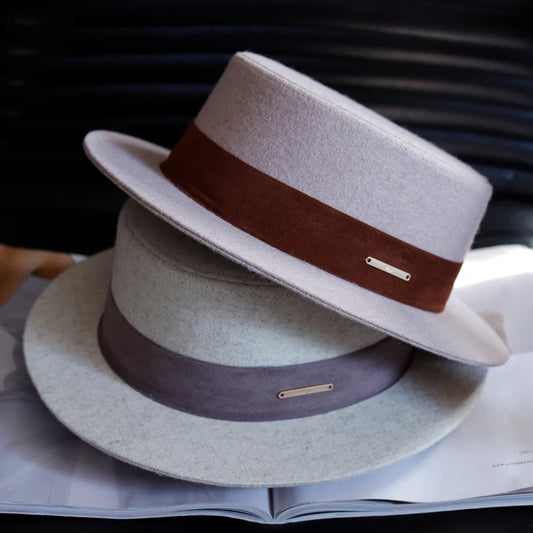 Autumn Winter Woolen Hat Flat top large head universal top hat for men and women Men Casual Gentleman Style Short flat brim Hats