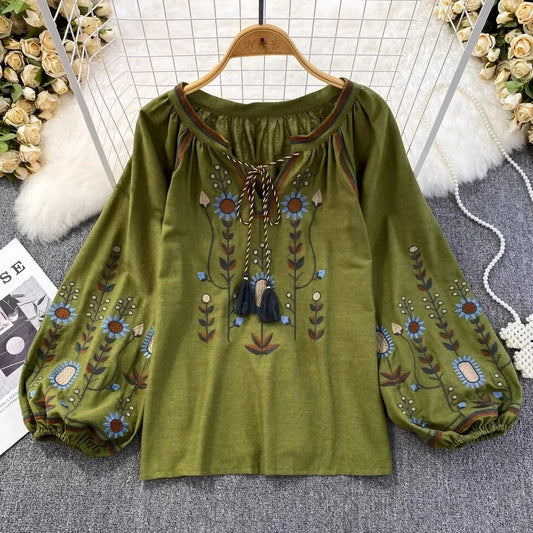 Autumn Casual Women Blouse Fashion V-neck Long Lantern Sleeve Embroidery Shirts Vintage Minority Ladies Tops Dropshipping