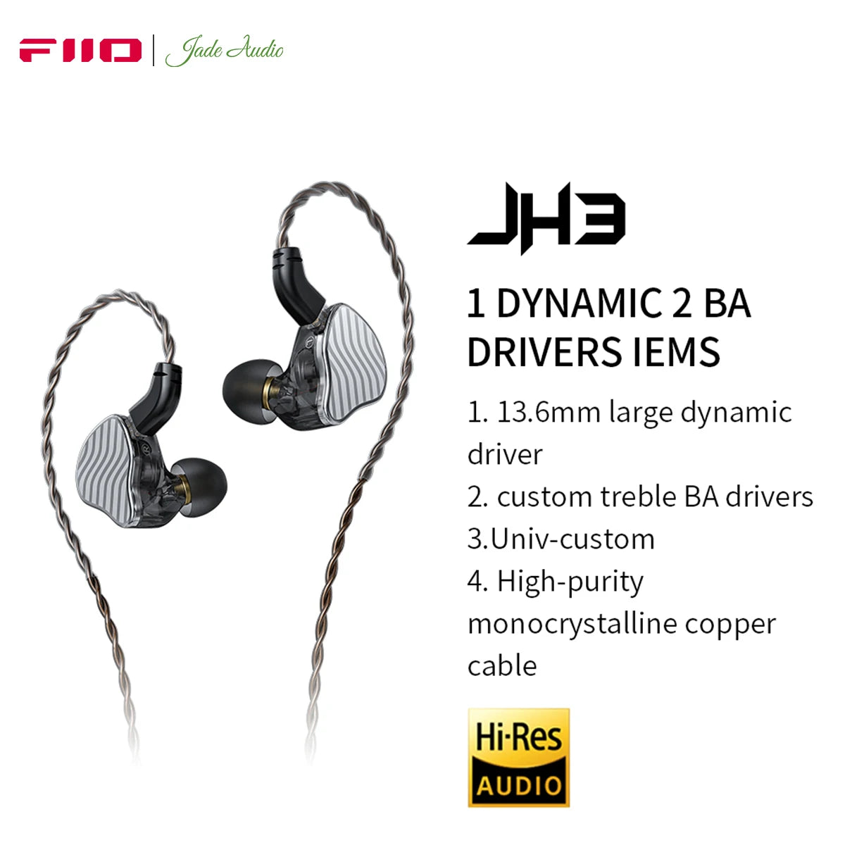 FiiO JadeAudio JH3 1DD+2BA Triple Hybrid Driver In-ear Earphone IEM HiFi Audio with Detachable 0.78 Cable Bass