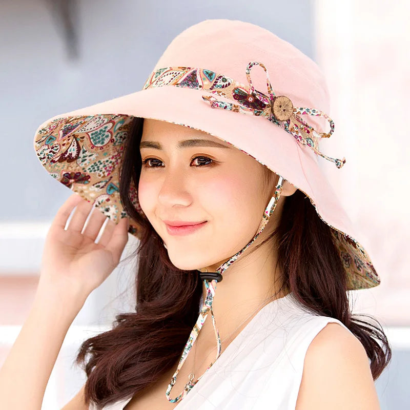Double-sided Wide Brim Sun Hats Simple Foldable Portable Sunscreen Hats Fashion Print Bow Outdoor Anti-uv Cycling Non-slip Caps