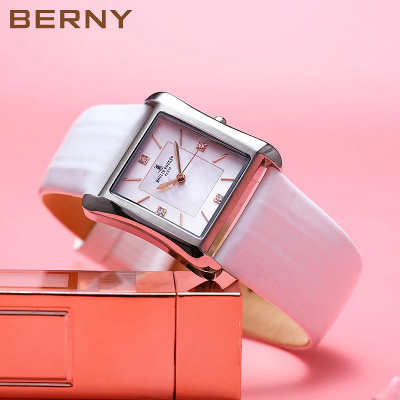 BERNY Women Quartz Watch Genuine Leather Strap Square 3ATM Waterproof Gemstone Dial Shell Pattern Ladies Fashion Wristwatch