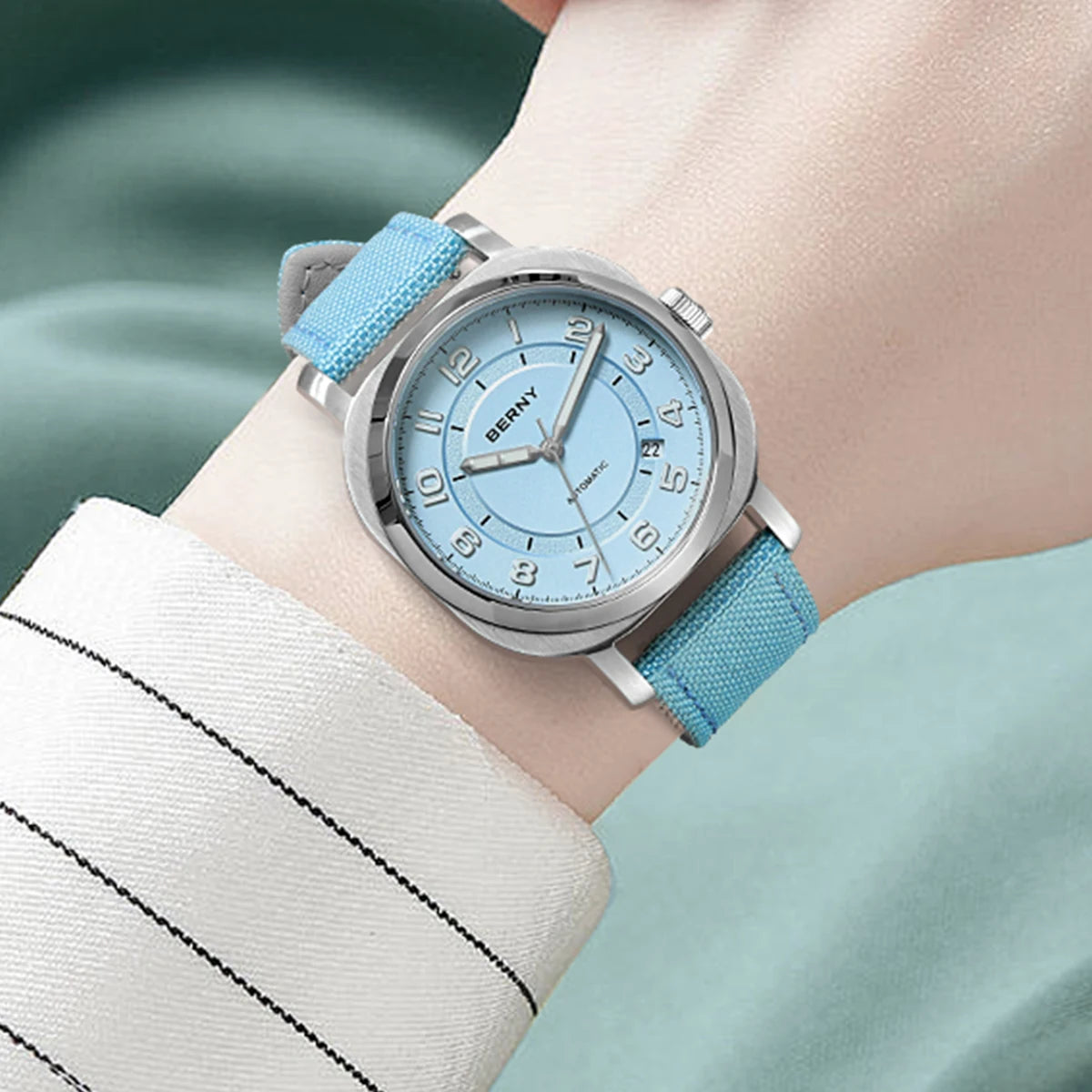 BERNY Mechanical Watch for Women Self-wind Pillow Cushion Sapphire Super Luminous Wristwatch Canvas Calendar Watch for Ladies