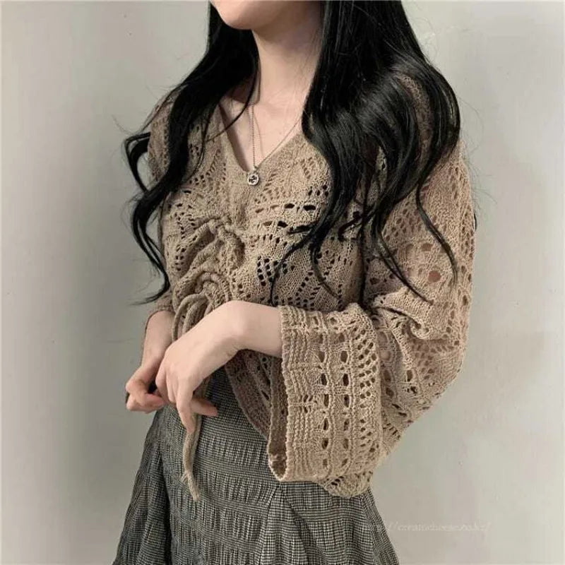 2024 Autumn Spring New French Knit cardigan Outerwear Women Vintage hollow pleats Clothing Niche Shawl Summer Skirt Top Clothes