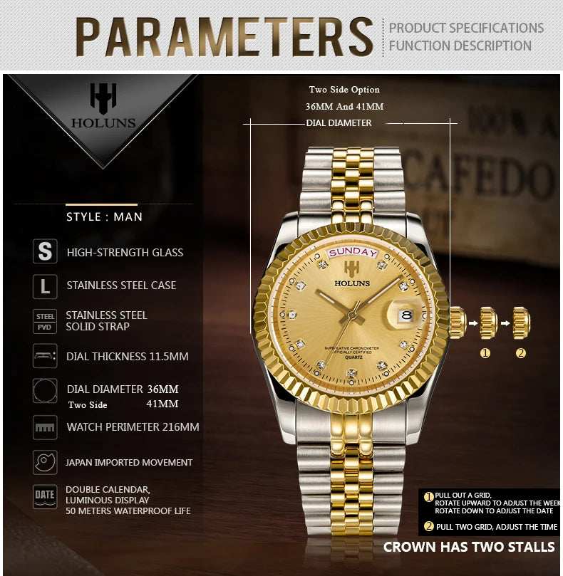 2023 New Holuns Stainless steel Watch Luxury Business Quartz Wristwatch Clock 100M Waterproof Casual Date Wristwatch For Men