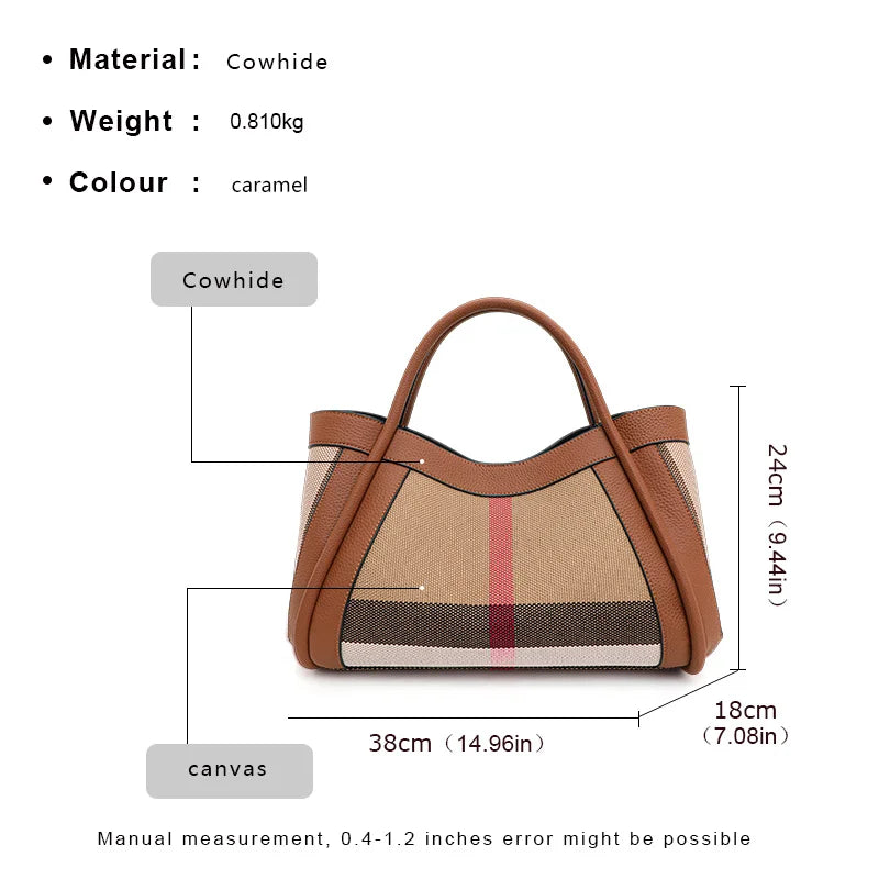2024 New Retro Checkered Women's Handbag Fashionable and Advanced Large Capacity Canvas with Cowhide Mother and Child Bag