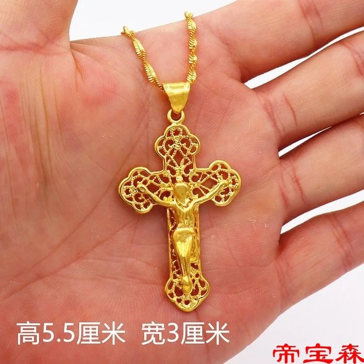 Cross Necklace men's and women's Plated 100% Real Gold 24k 999 clavicle chain 999 pendant ornament Pure 18K Gold Jewelry