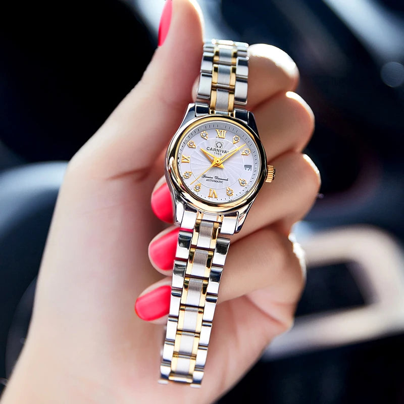 Relogio Feminino Luxury Brand CARNIVAL New Automtaic Mechanical Watches for Women Sapphire Calendar Waterproof Ladies Wristwatch