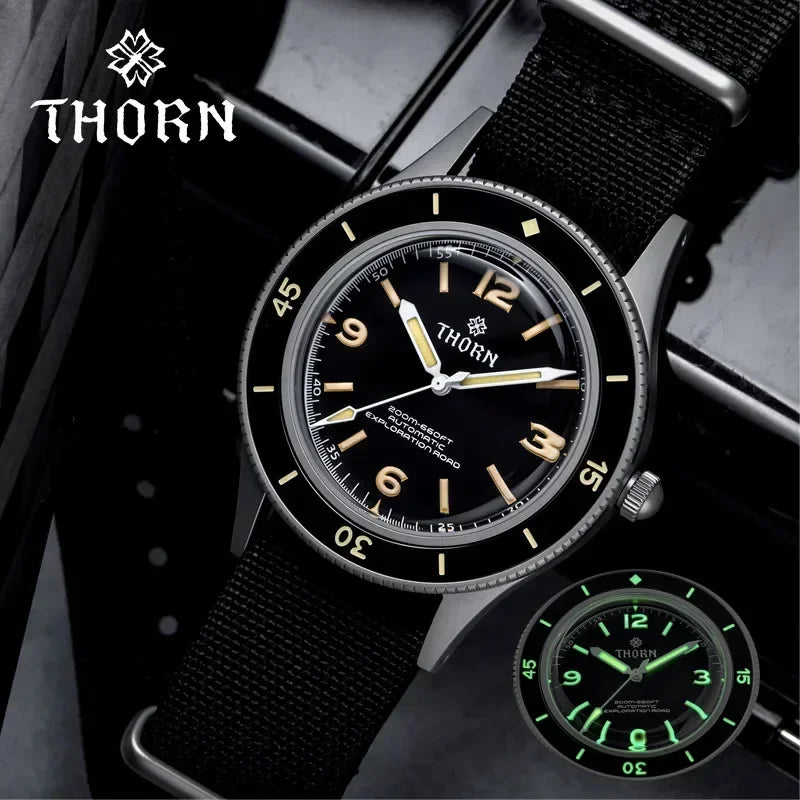 THORN 50-Fathoms Watch Men 40MM Vintage NH35 Movement Automatic K9 Mineral Crystal TR900 C3 Luminous Barracuda 200M Waterproof