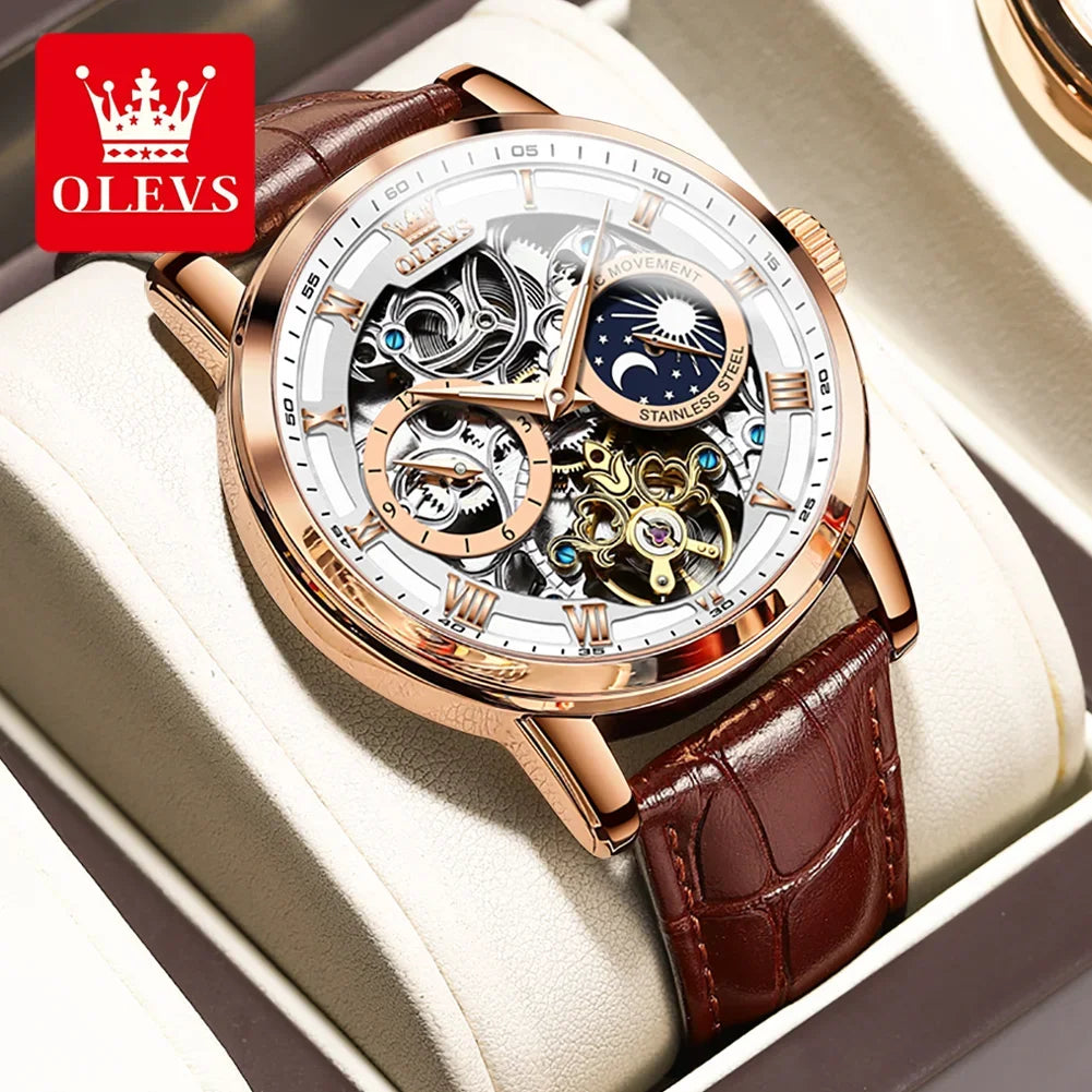 OLEVS 6670 Genuine Leather Strap Fashion Watches For Men, Waterproof Automatic Mechanical Hollow-carved Men Wristwatch