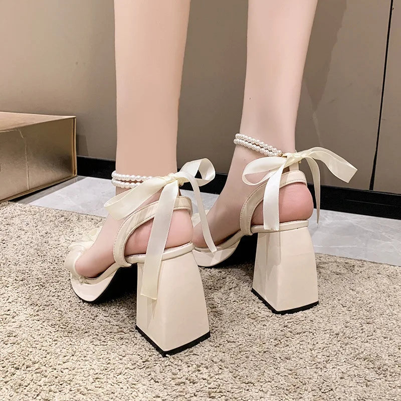 Comfort Shoes for Women Pearl Sandals Suit Female Beige Increasing Height Block Heels All-Match Black Bow 2024 Fashion Chunky Gi