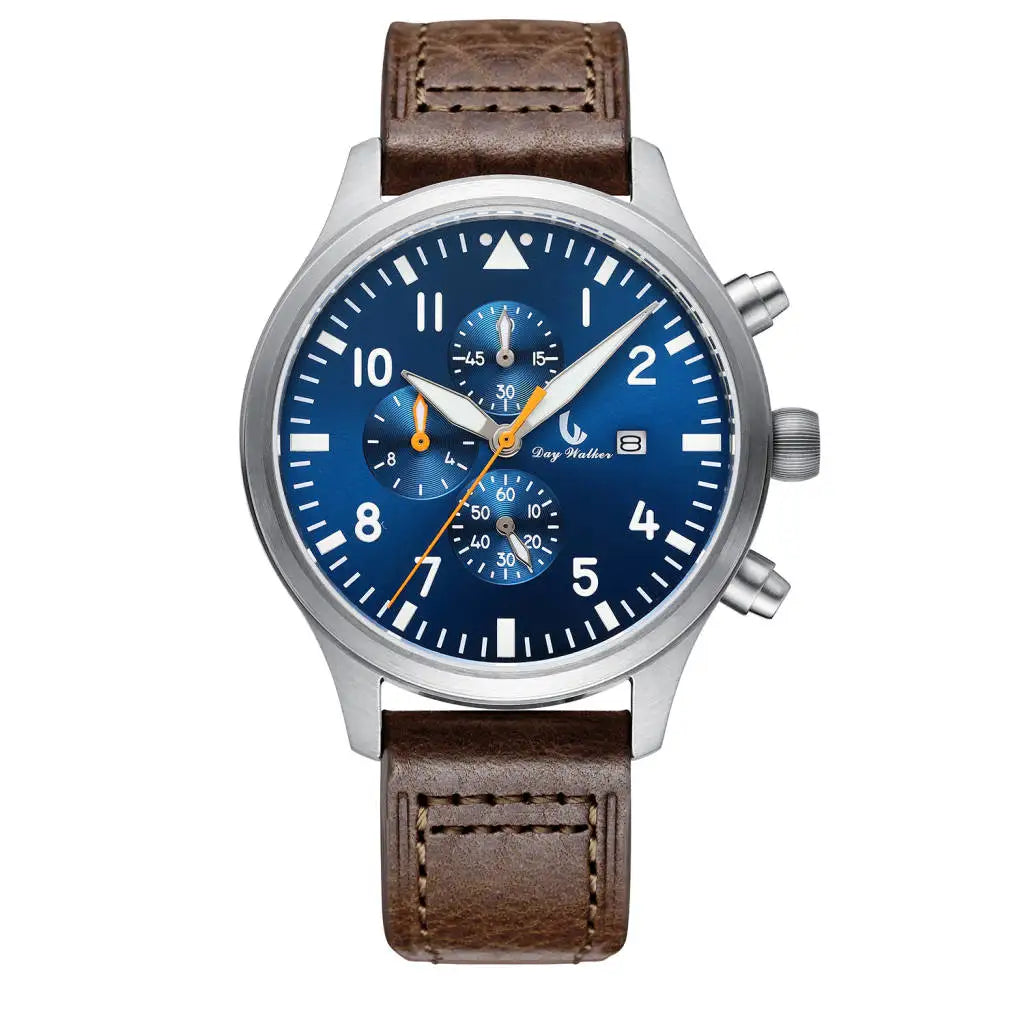 42mm Mens Pilot Chronograph Watch with Stainless Steel Case and Sapphire Crystal and Sun Pattern Super Luminous Dial