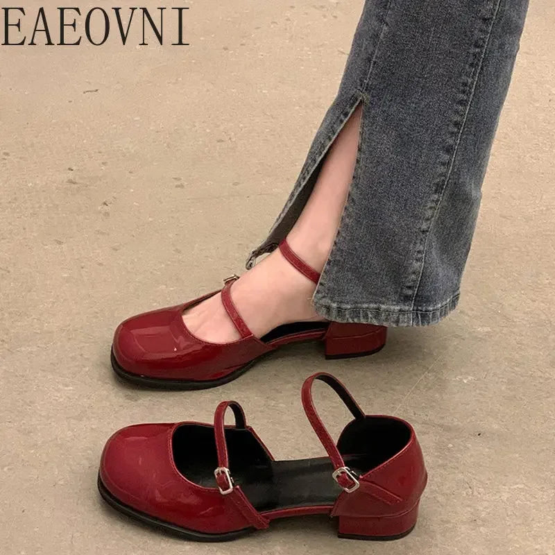 New Mary Jane Shoes Buckle Pumps Women Thick Heels Elegant Shallow Square Toe Footwear Party Office Lady Leather Shoes