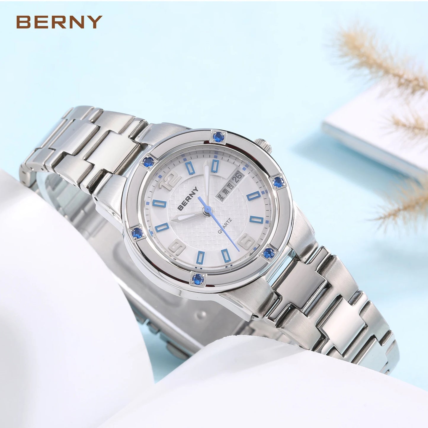 BERNY Women's Watches Luminous Date Week Calendar Stainless Steel Quartz Women WristWatches Clock Waterproof Casual Ladies Watch