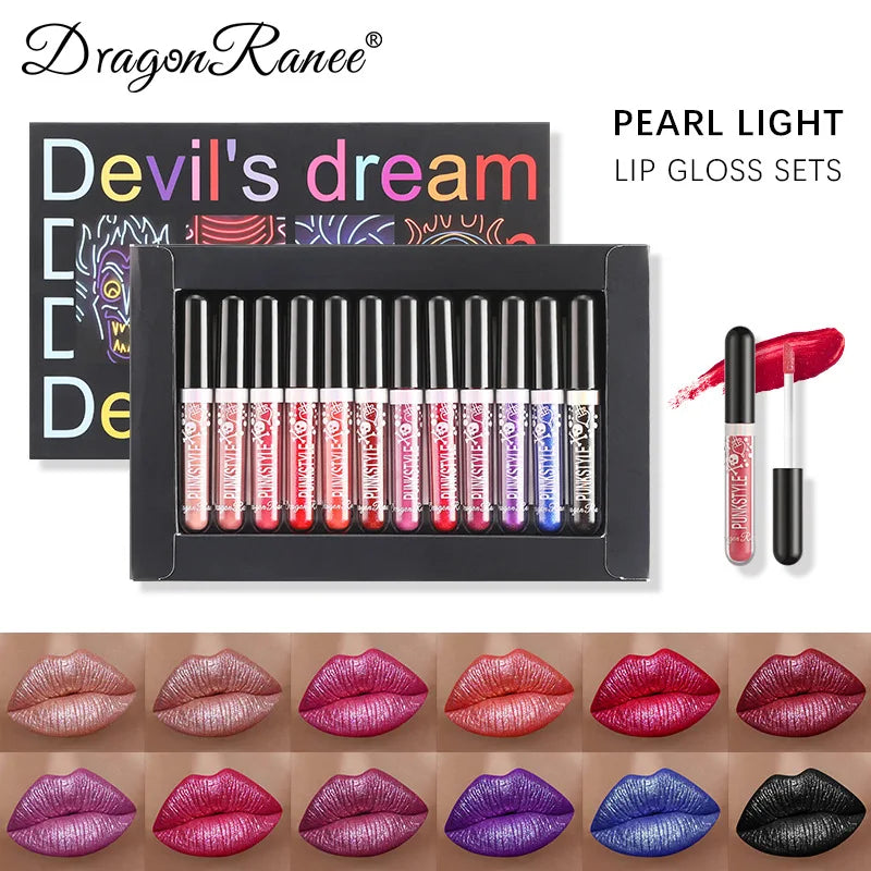 12 Colors Box Glitter Lip Gloss Set Lipstick Diamond Waterproof Long Lasting DIY Lipgloss Kit with Lip Tint for Halloween Makeup