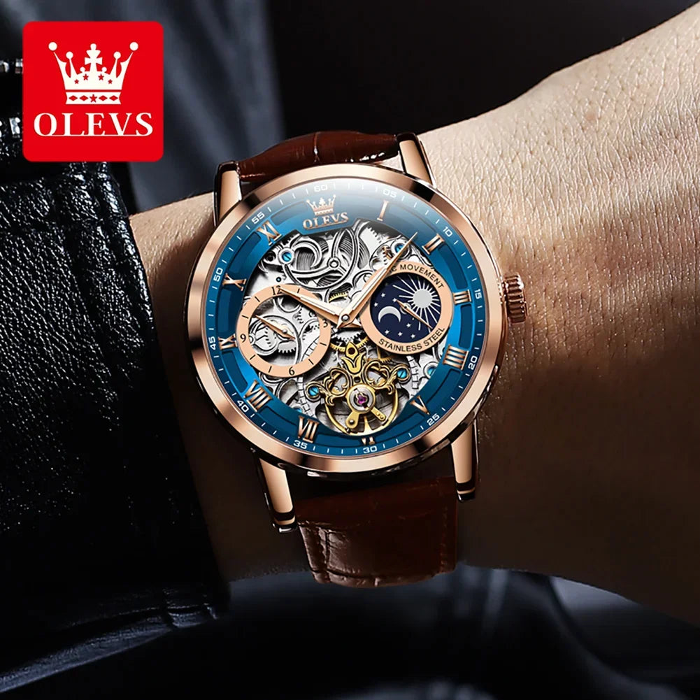 OLEVS 6670 Genuine Leather Strap Fashion Watches For Men, Waterproof Automatic Mechanical Hollow-carved Men Wristwatch